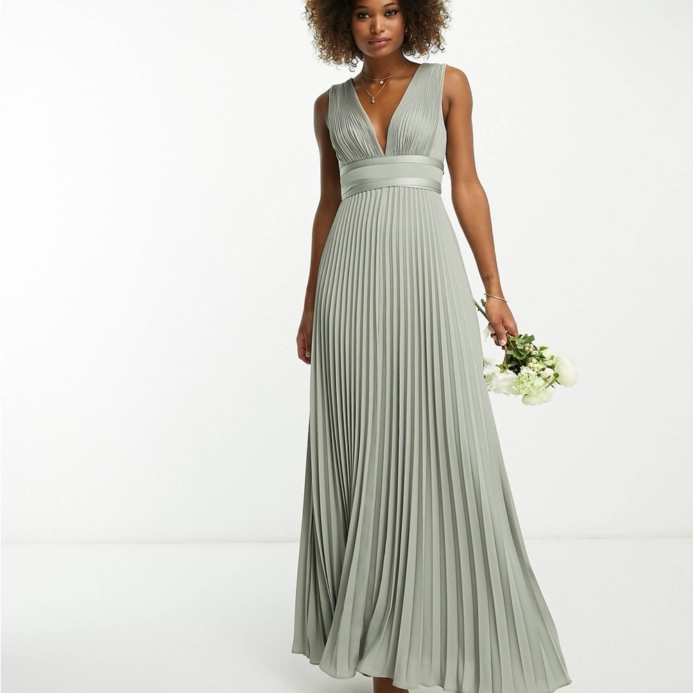 ASOS DESIGN Bridesmaid pleated cami maxi dress with satin wrap waist in olive